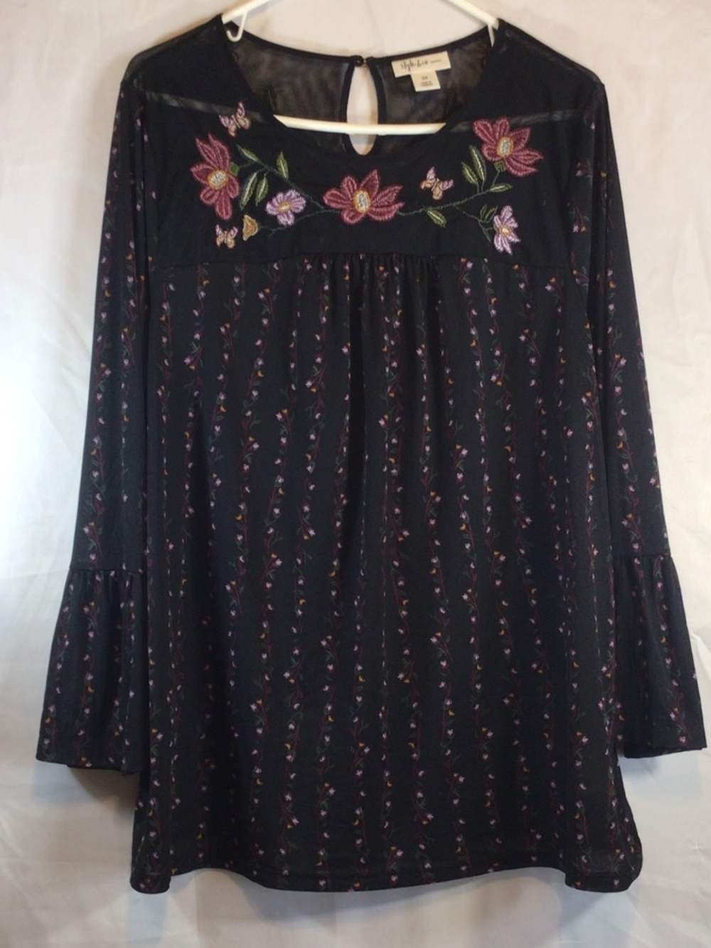 style & co women top size 2X black bell sleeve embroidered coquette fairy boho